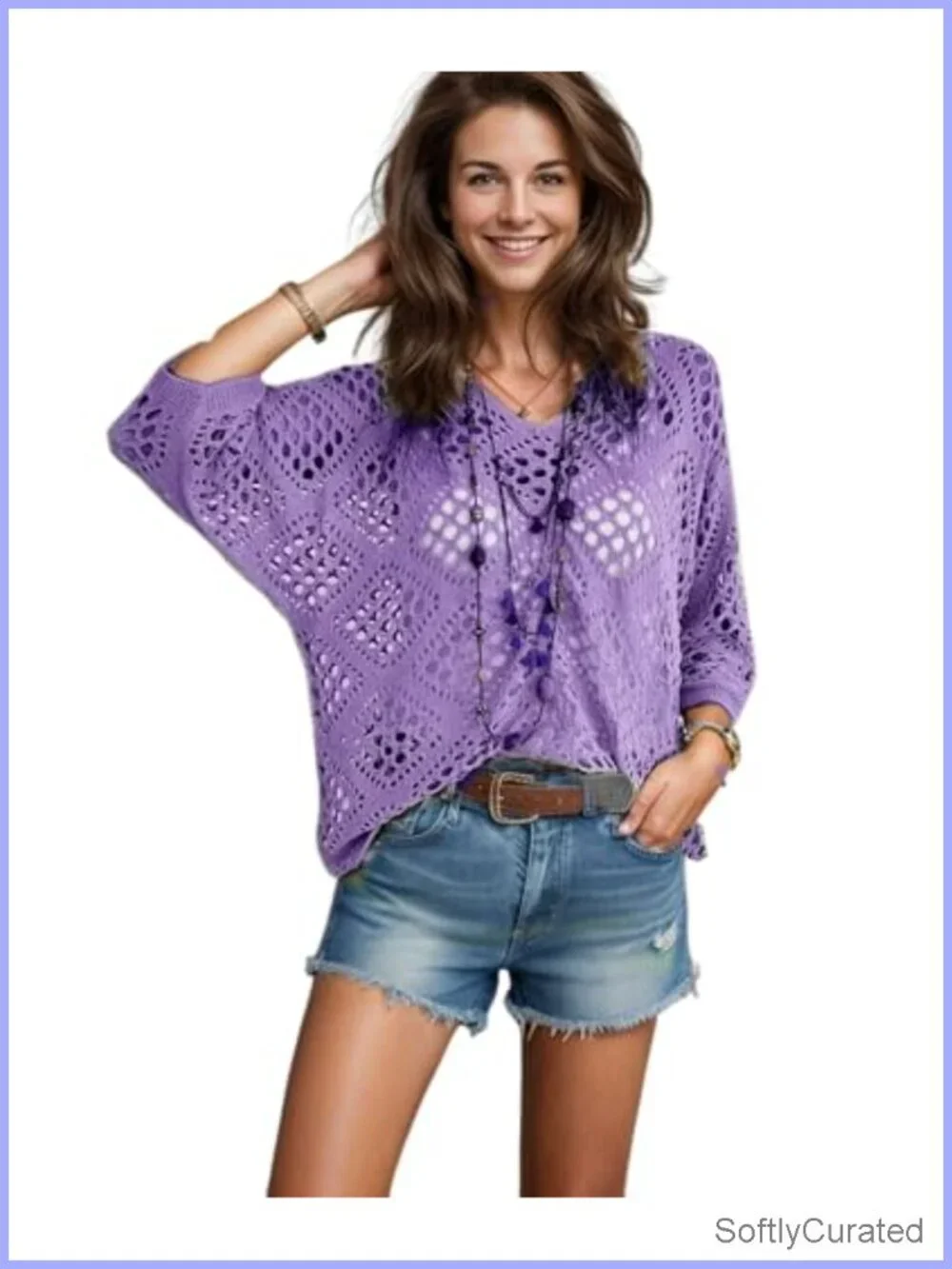 Women's Crochet Knit Pullover Hollow-Out 3/4 Batwing Sleeve Lightweight Boho